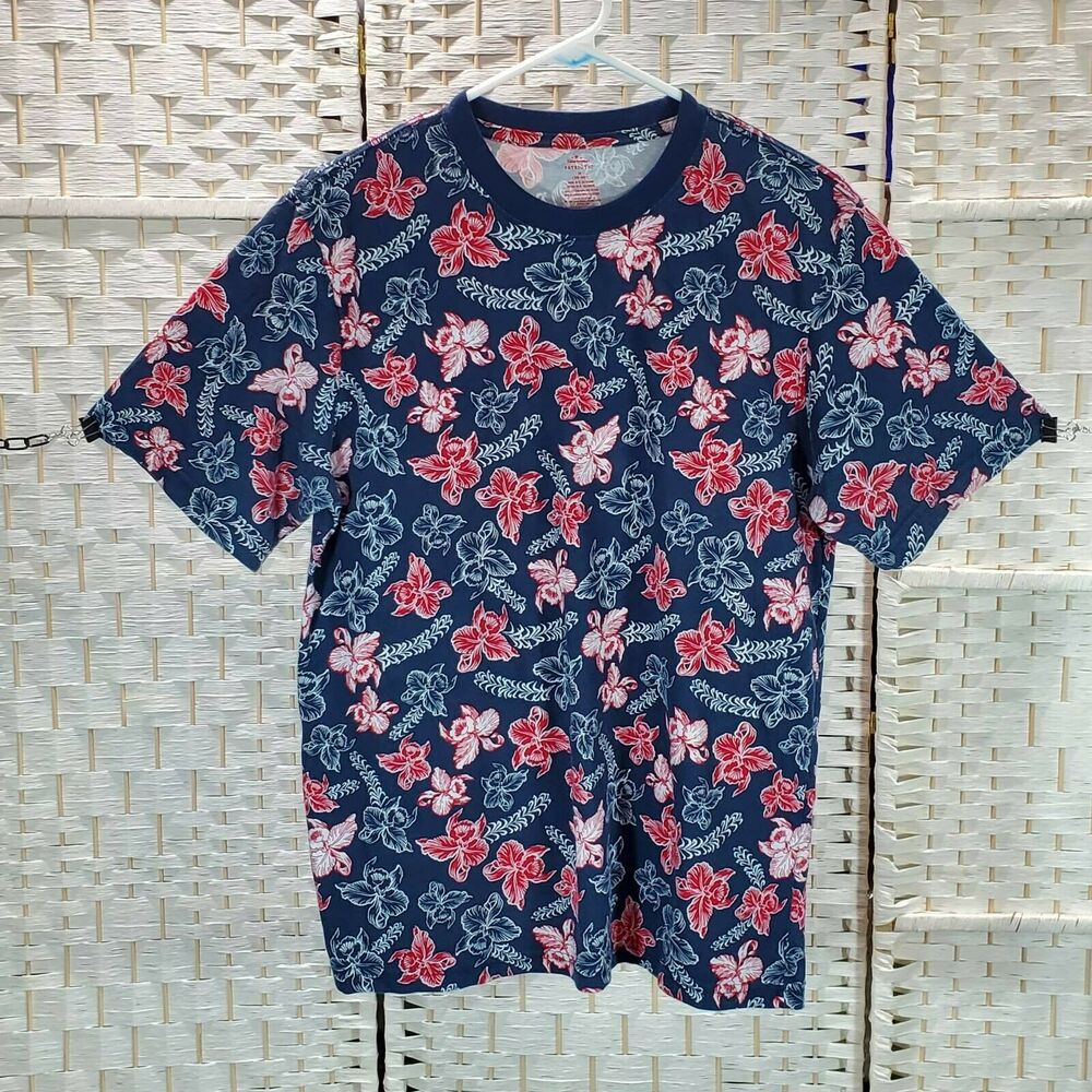 Hawaiian Patriotic T-Shirt Unisex M Red White Blue Tropical Floral Aloha Top